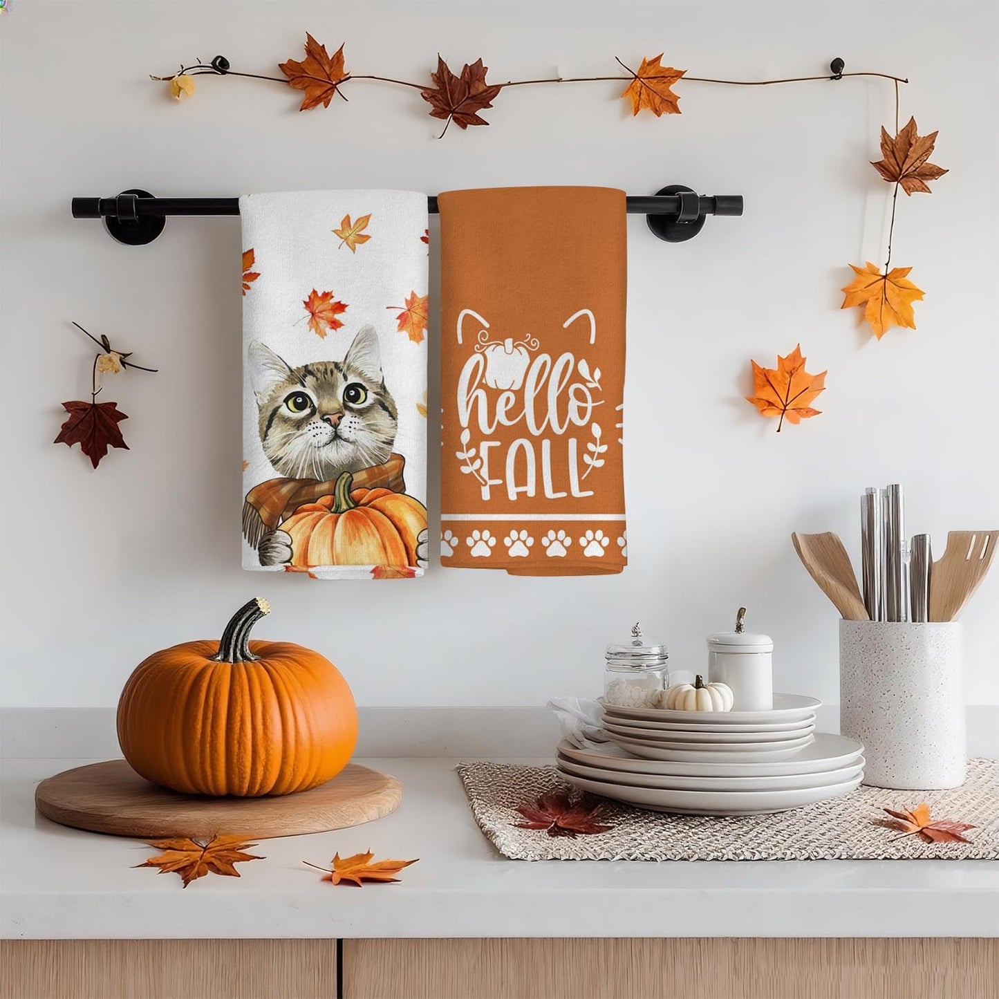 Fall Kitchen Towels Cat Pumpkin Maple Leaves Dish Towels Autumn Harvest Kitchen Decoration Hand Towels Set of 2, 18x26 Inch