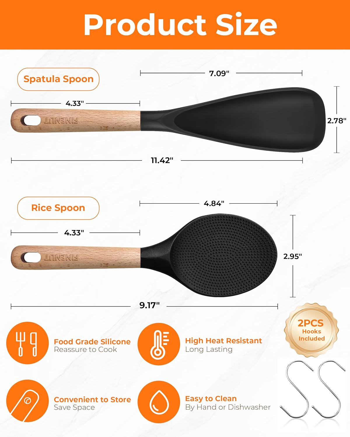 Multifunction Silicone Spatula Spoon 2-Pack Dual-Use-Heat-Resistant 446°F BPA-Free Non-Toxic Cooking for Non-Stick Cookware,Rice Cookers,Wooden Handle Scoop/Serve Meal/Rice Spoon Set (Black)