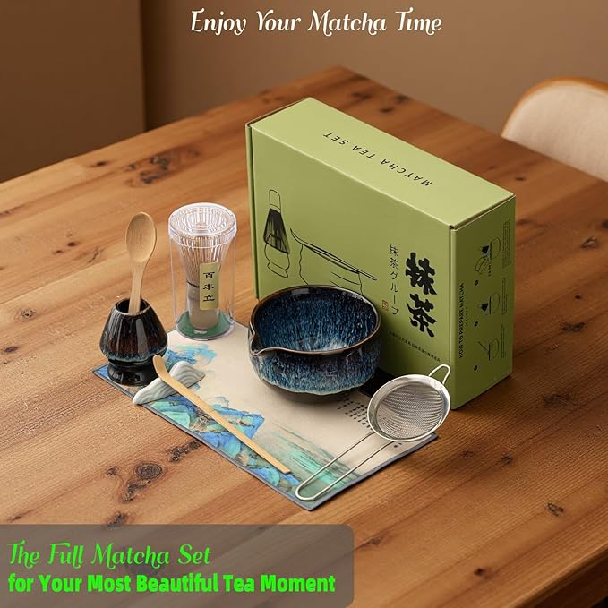 Matcha Whisk Set with Ceramic Bowl - Bamboo Whisk (Chasen), Scoop, Sifter & Holder - Complete Kit for Traditional Matcha Tea - Unique Gifts for Women, Men, Tea Lovers (Luminous-Auric-Sands)