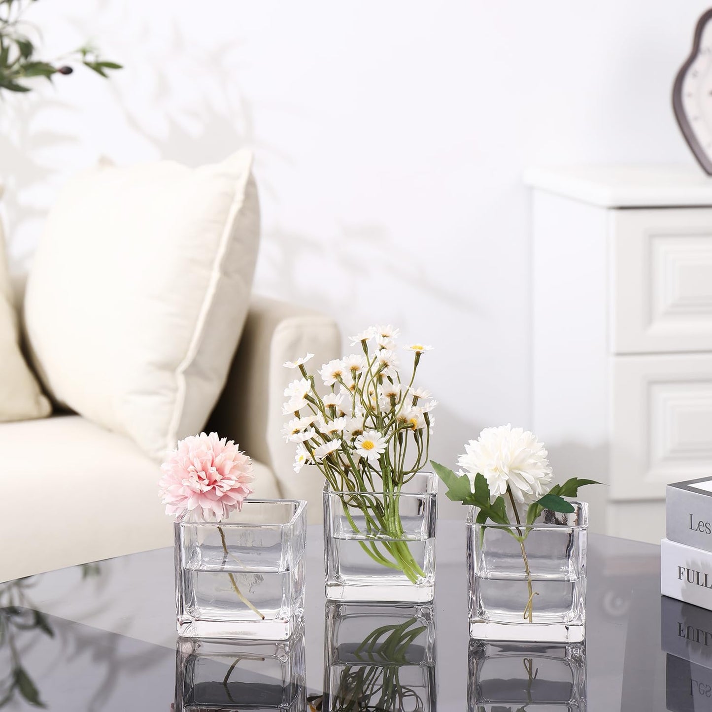 Square Vases Set of 6, 3"x 3"x 3" Glass Vases for Flowers, Square Flower Vase for Centerpieces, Small Clear Vase for Wedding, Party, Home Office Decoration