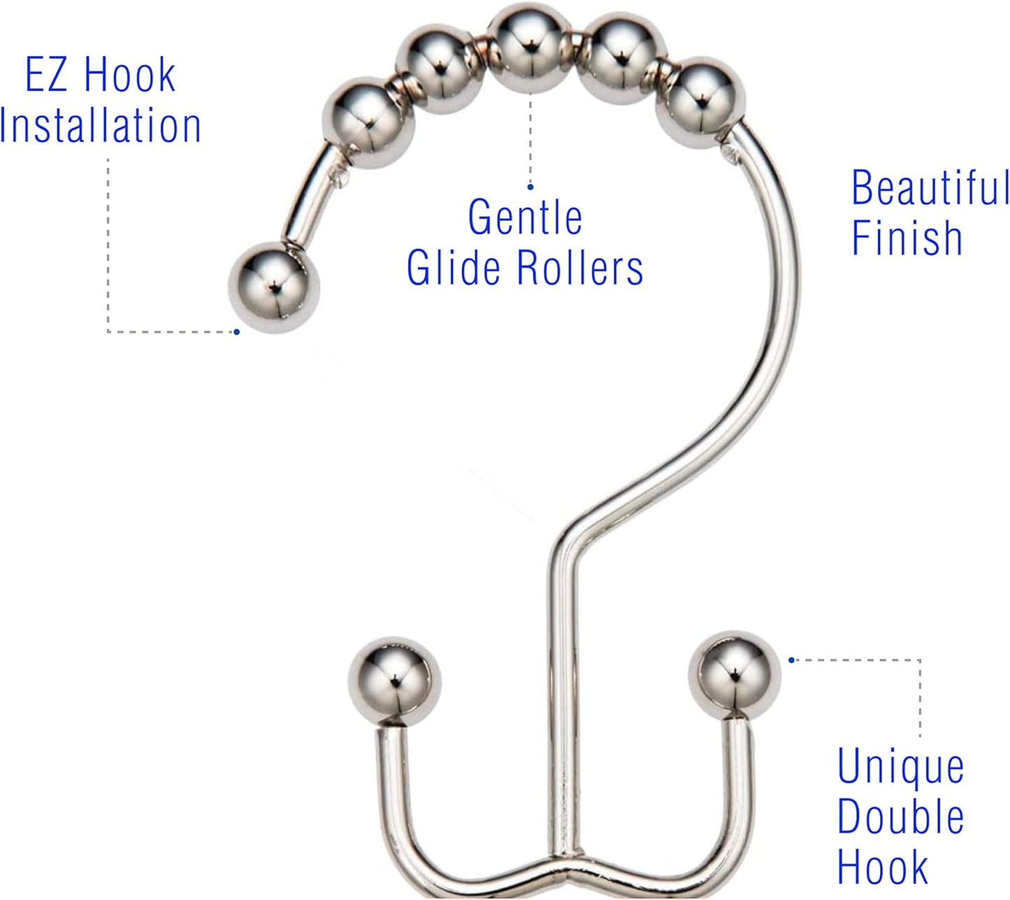 2LB Depot Double Shower Curtain Hooks Rings Polished Nickel Decor Finish Premium Rust-Resistant Stainless Steel Metal Hooks Roller Balls Glide on Shower Rods 12-Piece Set