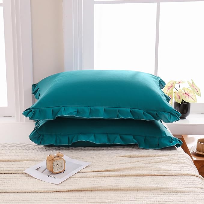 Merryword Teal Blue Pillow Ruffled Shams Blue King Pillowcases Cute Pillow Cover Set of 2 Soft Shabby Chic Pillowcases 2 Pack (King (20''x36''), Teal Blue)