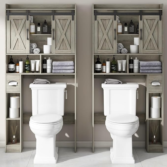 Over The Toilet Storage Cabinet, Farmhouse Storage Cabinet Over Toilet with Sliding Door& Toilet Paper Holder Stand，Home Space-Saving Toilet Rack, for Bathroom, Restroom, Laundry