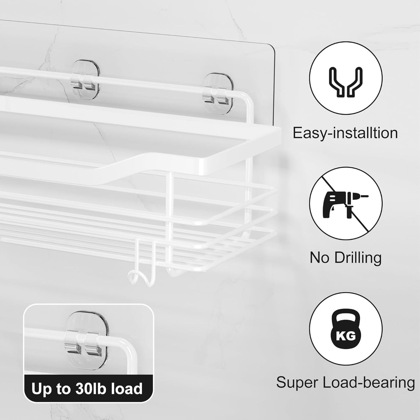Orimade Shower Caddy Basket Shelf Storage Rack, No Drilling Wall Mounted Adhesive Rust Proof Stainless Steel Shower Organizer with 5 Hooks for Bathroom, White 2 Pack