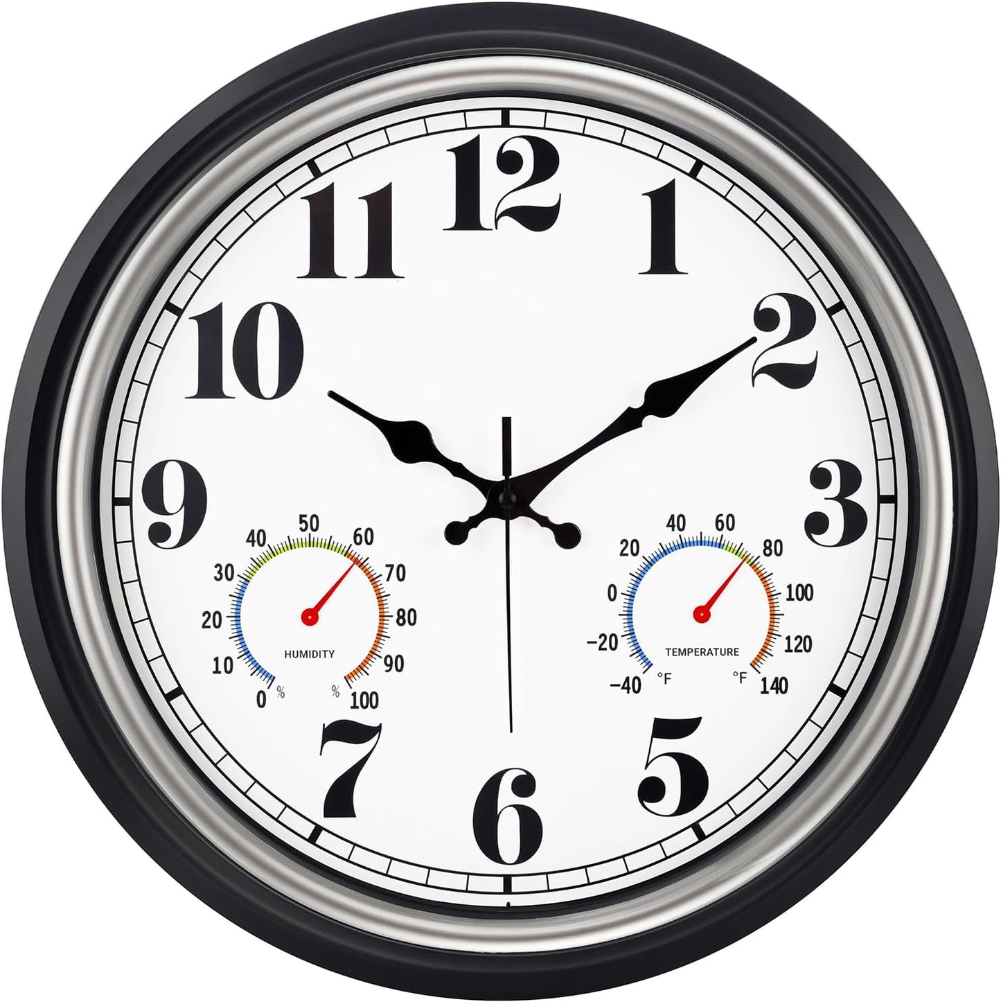 45MinST 16 Inch Silver Vintage Large Indoor/Outdoor Waterproof Wall Clock with Thermometer & Hygrometer, Silent Non-Ticking Quartz Timepiece for Home, Porch, Garden