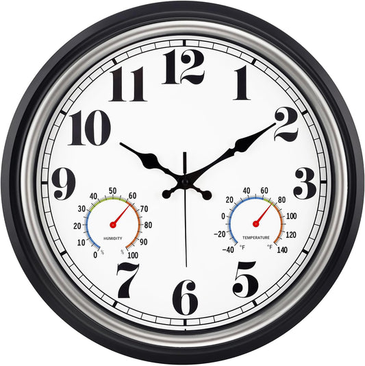 45MinST 16 Inch Silver Vintage Large Indoor/Outdoor Waterproof Wall Clock with Thermometer & Hygrometer, Silent Non-Ticking Quartz Timepiece for Home, Porch, Garden
