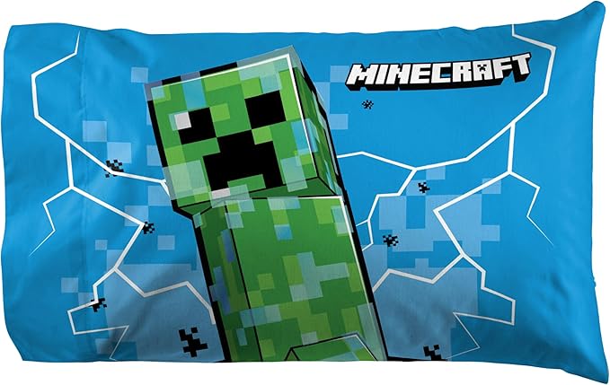 Jay Franco Kids Sheet Set with Fitted, Flat Sheets & Pillow Cover - Ultra-Soft Bedding with Pillowcase for Room Decor, Blue - Minecraft Creeper, 4 Piece Queen