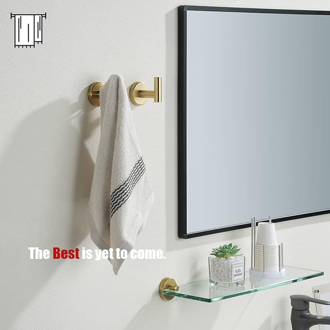 JQK Bathroom Towel Hook Brushed Gold, Brass Coat Robe Clothes Hook for Bathroom Kitchen Garage Wall Mounted (Pack of 2), SUS 304 Stainless Steel 0.8mm, TH100-BG-P2