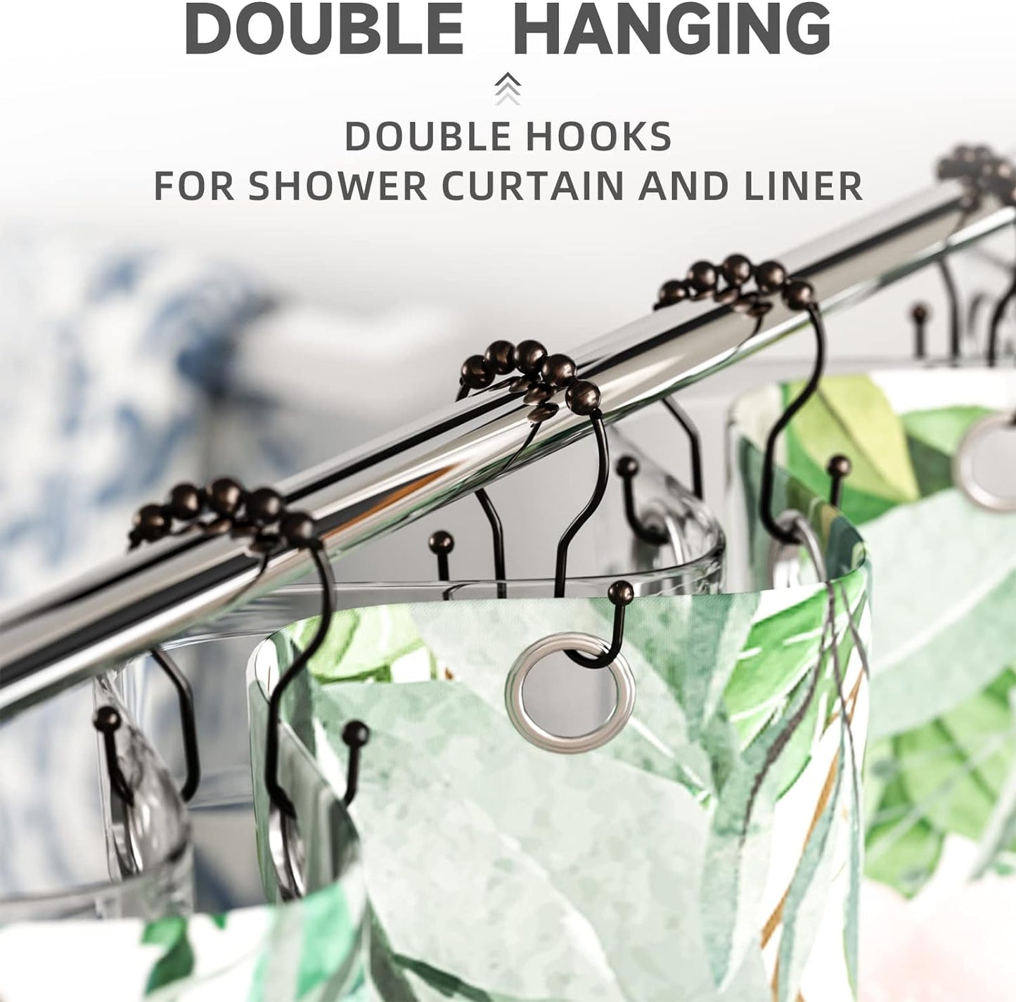 Shower Curtain Hooks Bronze Shower Curtain Rings Rust Proof Double Hook Shower Curtain Hooks, 12 Pcs Shower Hooks for Shower Curtain, Shower Rings for Curtain Bathroom, Metal Shower Rod Hooks