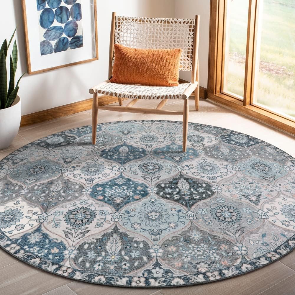 Lahome Moroccan Trellis Round Rug, 5ft, Blue, Faux Wool, Machine Wash, Non-Slip Backing, Low Pile, Floral Pattern, Area Rug for Bedroom, Living Room, Bathroom