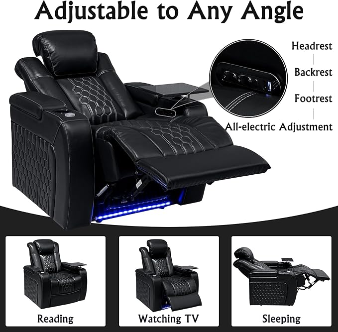 Home Theater Seating, Living Room, Powered Headrest, Powered Lumbar, Italian Leather, Powered Recline, Single Recliner (Black, Row of 1)