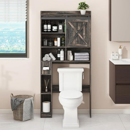 Over The Toilet Storage Cabinet, Farmhouse Storage Cabinet Over Toilet with Sliding Doors & Toilet Paper Holder Stand，Home Space-Saving Toilet Rack, for Bathroom, Laundry(Dark Grey)