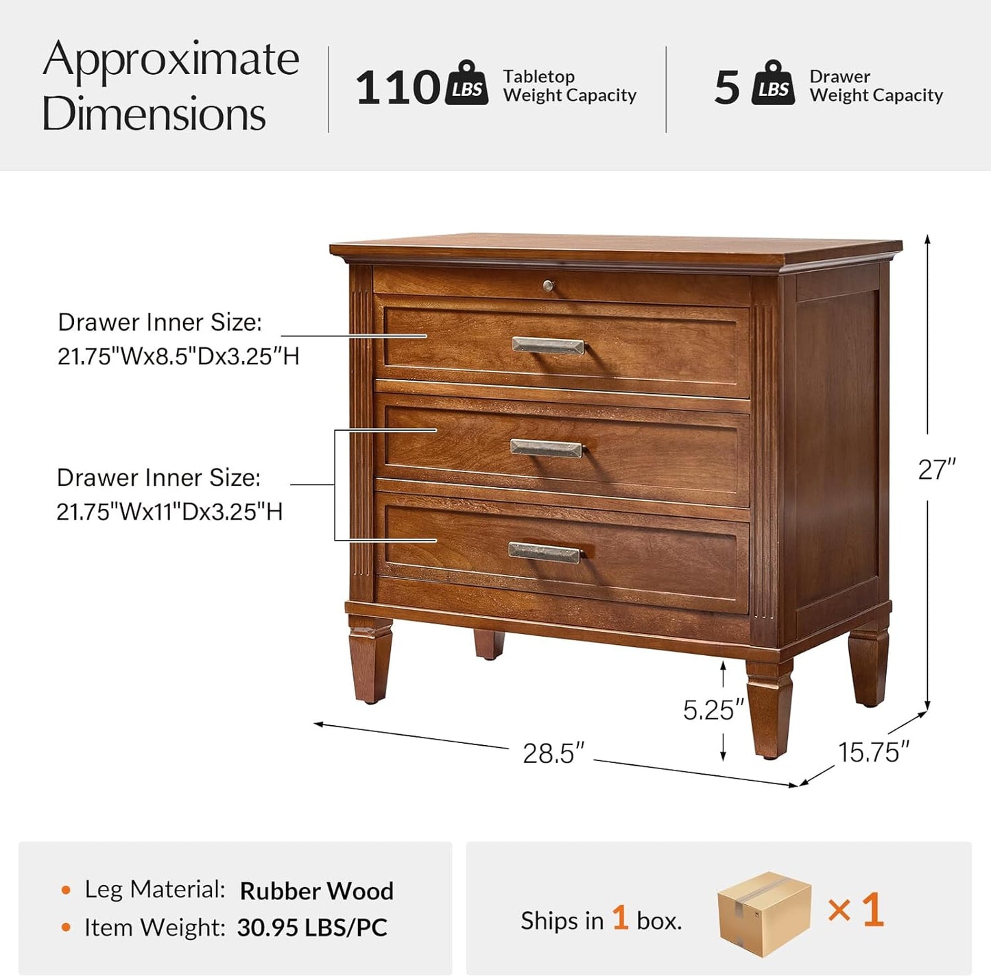 HULALA HOME Farmhouse Nightstand with Charging Station, Pull-Out Tray, 3 Drawers Nightstand with Solid Wood Legs, Wood Veneer Bedside Table with Open Shelf, Walnut