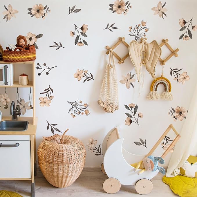 Boho Flower Wall Decals - Watercolor Wildflower Wall Art, Girls & Kids Room Decor