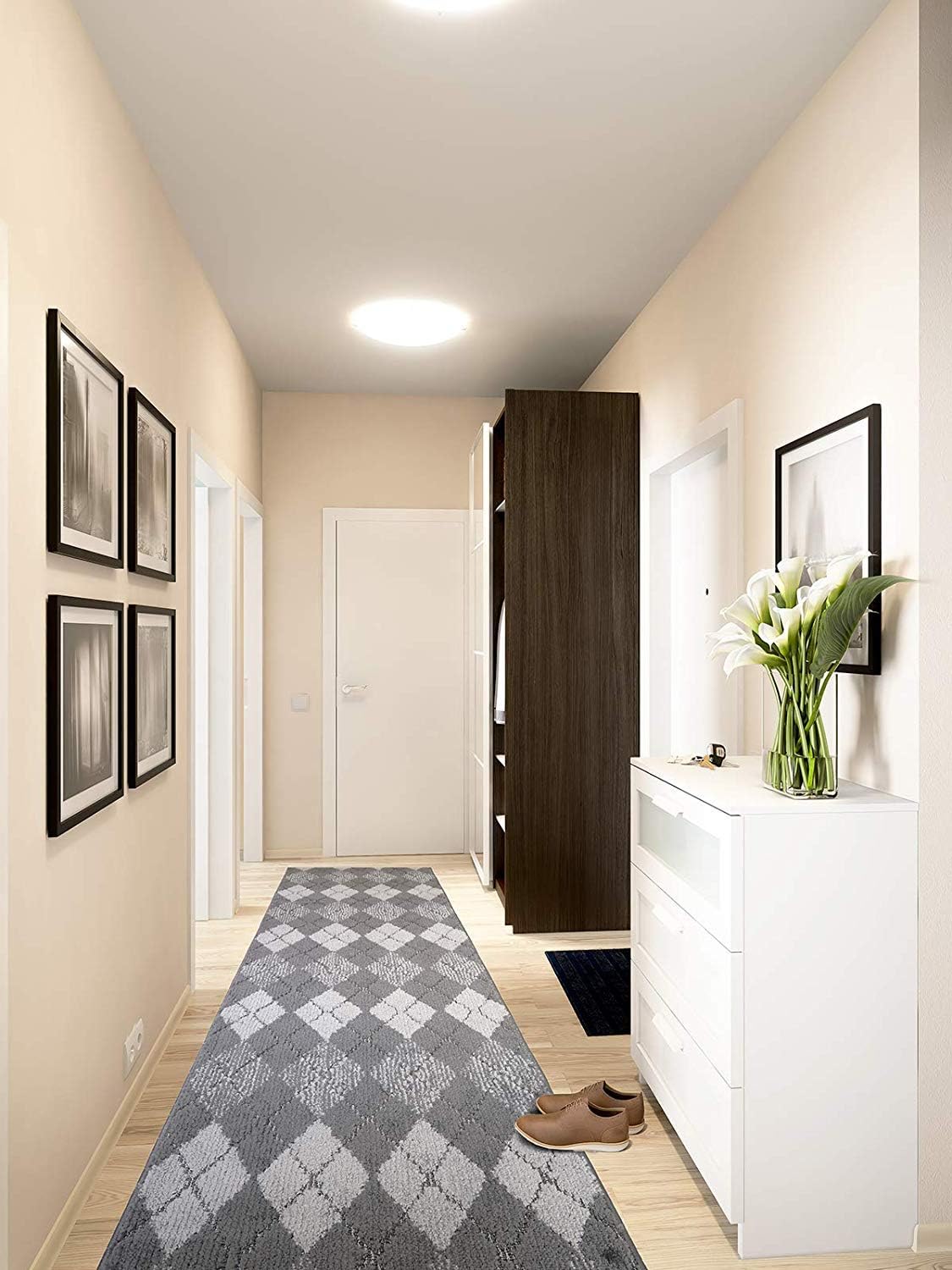 Custom Length Hallway Runner Rug,Slip Resistant,Squares Grey, 26 Inch X 20 feet, Sold and Priced Per Foot