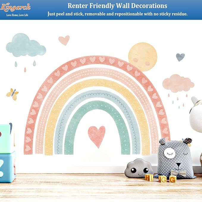 Large Watercolor Rainbow Wall Decals, Boho Sun Clouds Peel and Stick Fabric Nursery Wall Decor, Home Room Wall Decor Murals Stickers for Kids Girls Toddler Bedroom Living Room Playroom