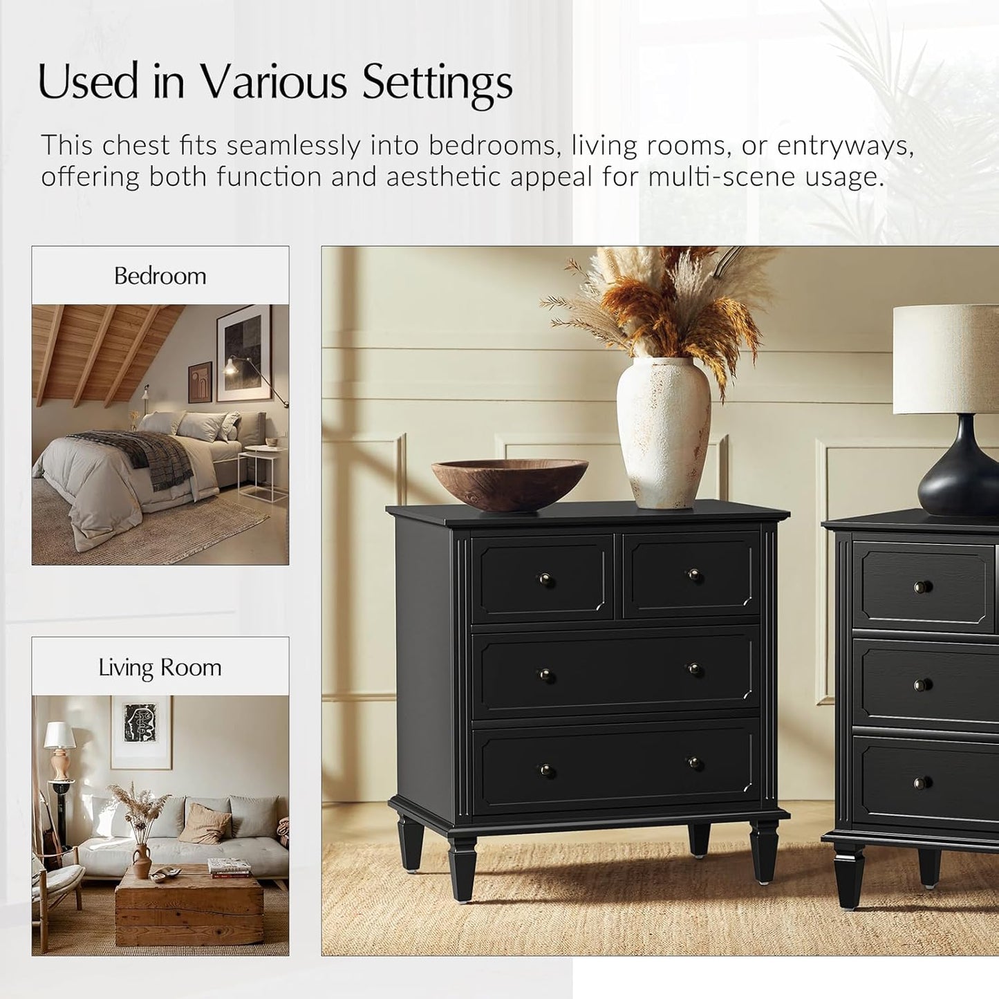 HULALA HOME Mid-Century Modern Nightstand with Charging Station and Divider Tray, 4-Drawer Bedside Table with Solid Wood Legs (Black,Set of 2)