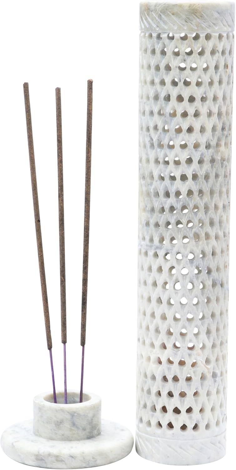 Crocon Handmade Blue Marble Soapstone Incense Stick Round Shape Elephant & Leaf Design Tower Burner | Tea Light Candle Holder | Decorative Home & Kitchen Best Gift Size - (2.7x2.7x10 Inch)