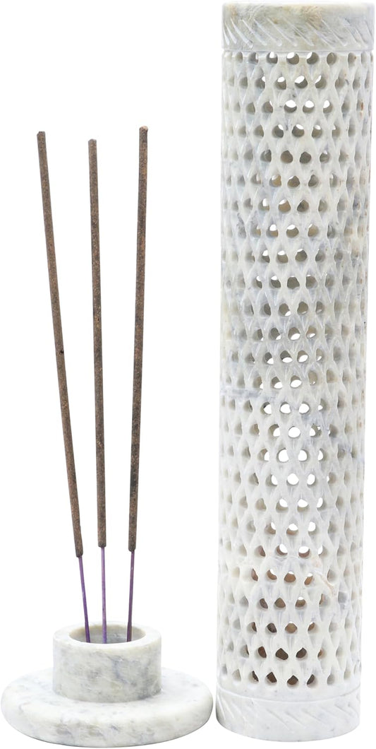 Crocon Handmade Blue Marble Soapstone Incense Stick Round Shape Elephant & Leaf Design Tower Burner | Tea Light Candle Holder | Decorative Home & Kitchen Best Gift Size - (2.7x2.7x10 Inch)