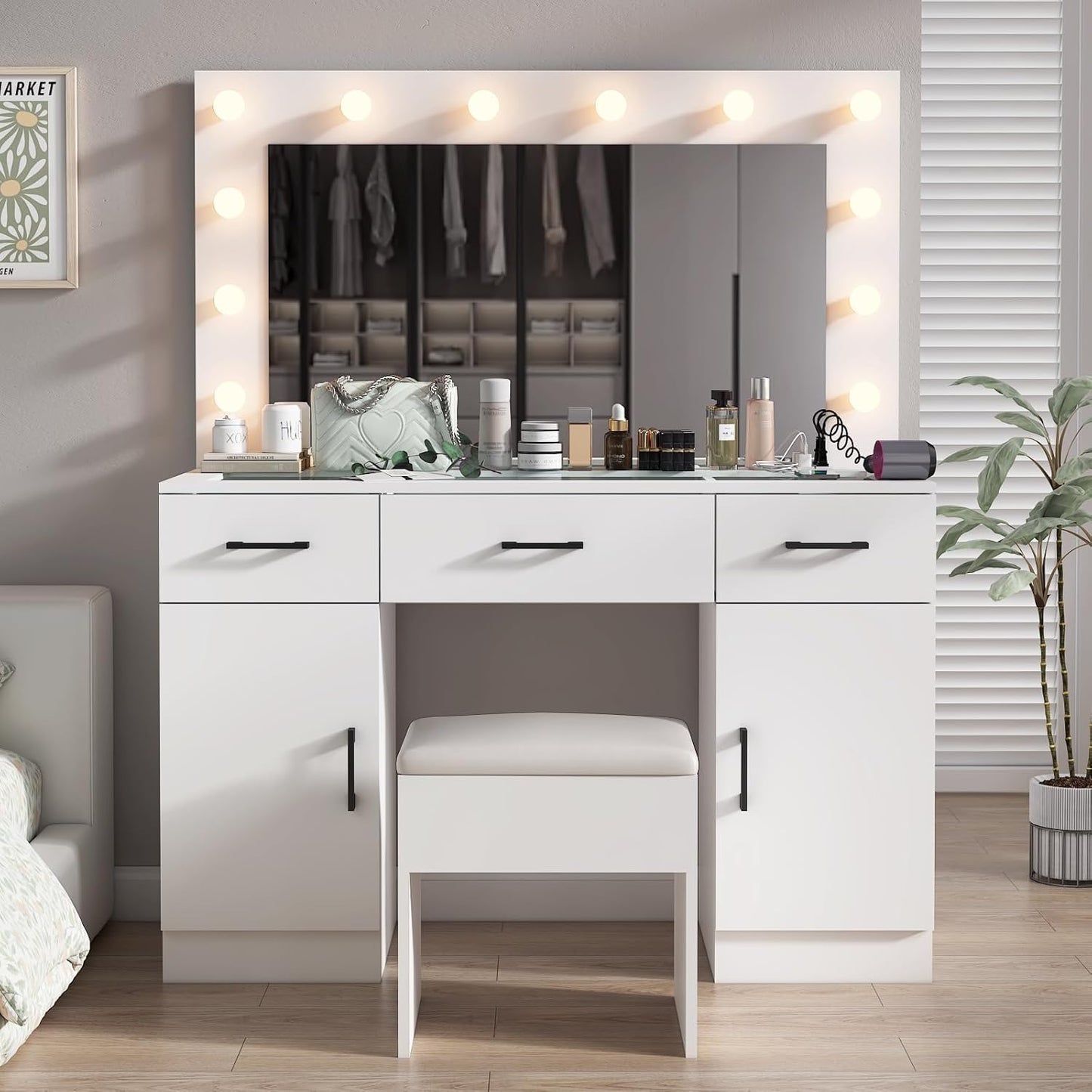Karl home Vanity Desk with Large Lighted Mirror & Powre Outlet, Glass Tabletop Makeup Vanity Set with 3 Drawers & 2 Cabinet, 45.3" Make up Dressing Table with 12 Lights for Bedroom, White