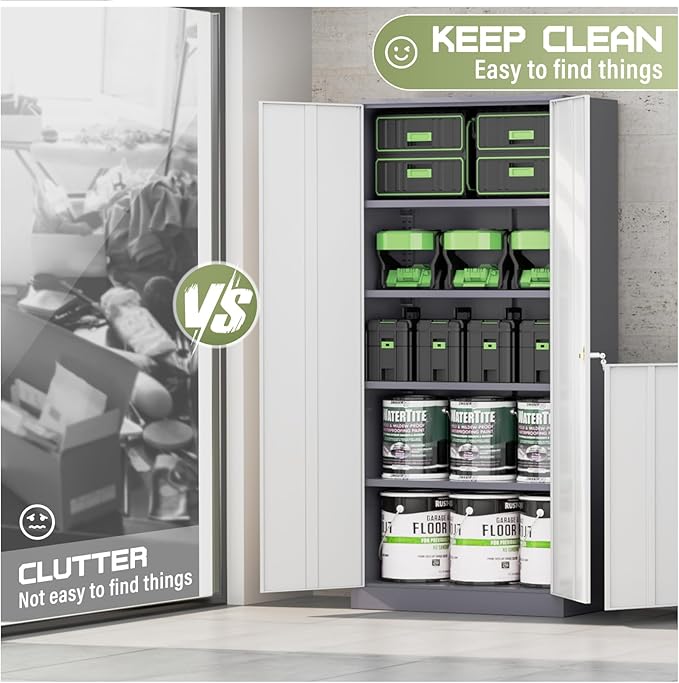 SUNCROWN 72" Metal Storage Cabinet - Heavy-Duty Metal Garage Cabinet with 4 Adjustable Shelves & 2 Doors for Tools, Office, Home, Workshop,Grey & White