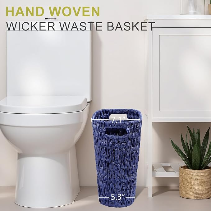 Navy Blue Bathroom Accessories Set with Wicker Trash Can Shower Curtain and Rugs,Bathroom Sets Small Waste Basket Bathroom Trash Can for Bedroom Bathroom