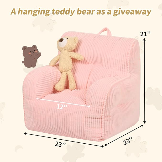 Kids Bean Bag Chair with a Plush Bear, Comfy Toddler Chair for Boys and Girls, Pink