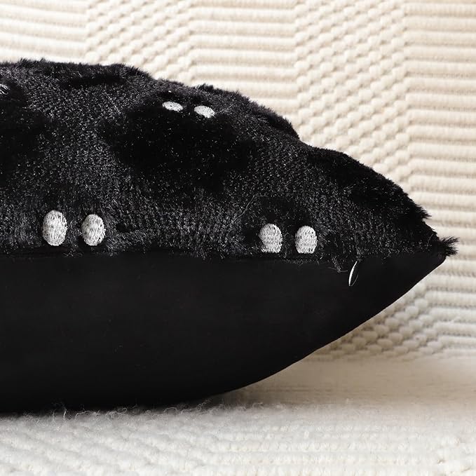 4TH Emotion Halloween Ghost Decorative Lumbar Pillow Covers 12x20 Set of 2, Black Soft Plush Faux Fur Farmhouse Throw Cushion Cases for Fall Autumn Holiday Home Decorations