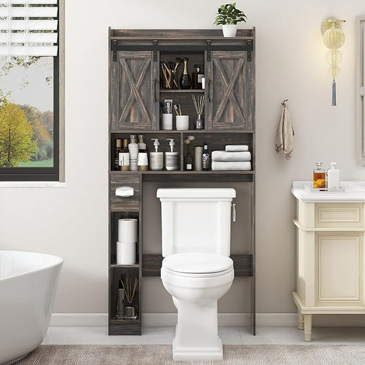 Over The Toilet Storage Cabinet, Farmhouse Storage Cabinet Over Toilet with Sliding Door& Toilet Paper Holder Stand，Home Space-Saving Toilet Rack, for Bathroom, Laundry and Restroom