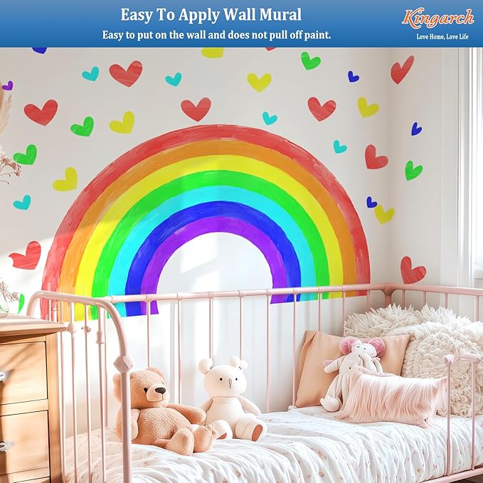 Large Watercolor Rainbow Wall Decals, Hearts Peel and Stick Fabric Nursery Wall Decor, Removable Home Room Wall Decor Murals Stickers for Kids Girls Toddler Bedroom Living Room Playroom