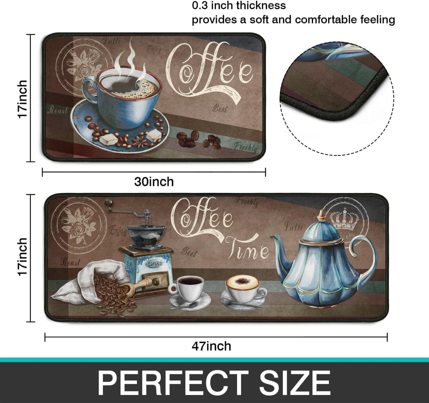 2 Piece Coffee Kitchen Decor Rugs Set, Farmhouse Country Kitchen Rugs and Mats Non Skid Washable Absorbent Microfiber Kitchen Accessories Decoration Floor Mats 17"x47"+17"x30"