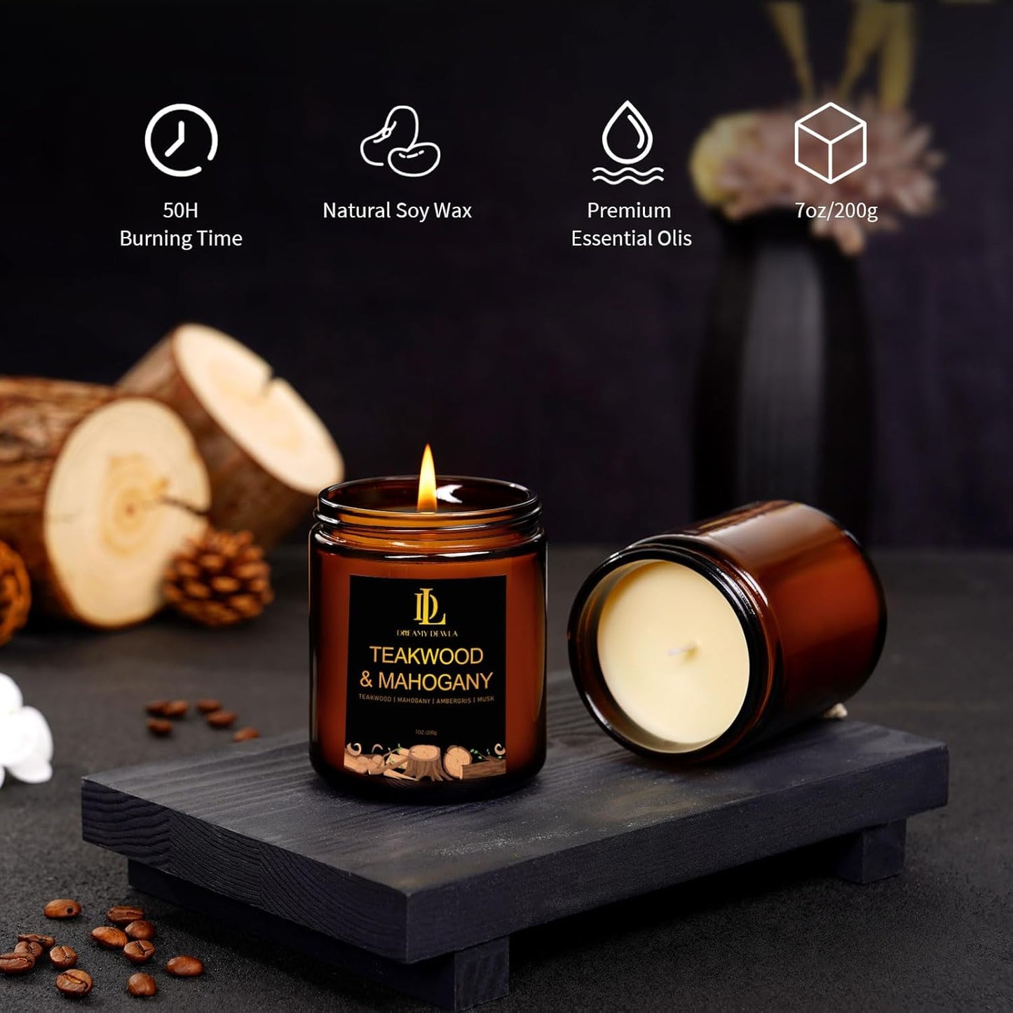Teakwood & Mahogany Candles, Teakwood Mahogany Scented Candle, Natural Soy Candles for Home Scented, Long Lasting with 50 Hour Burn Time, Gifts for Men Women