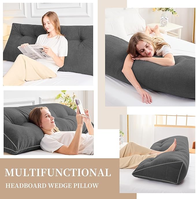 Sasttie Headboard Pillow Full, Wedge Pillow Headboard for Sitting Up in Bed, Back-Rest Support Triangular Cushion for Reading - Features Removable Washable Cover, Dark Grey