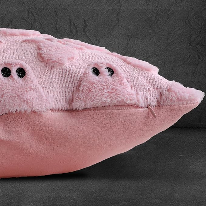 4TH Emotion Halloween Ghost Decorative Pillow Covers 18x18 Set of 2, Pink Soft Plush Faux Fur Farmhouse Throw Cushion Cases for Fall Autumn Holiday Home Decorations