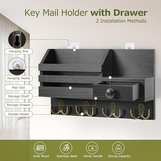 Key Holder Wall Mount, Wooden Adhesive Mail and Key Organizer with Drawer, Small Shelf, 8 Hooks, 2 Installation Methods, Black