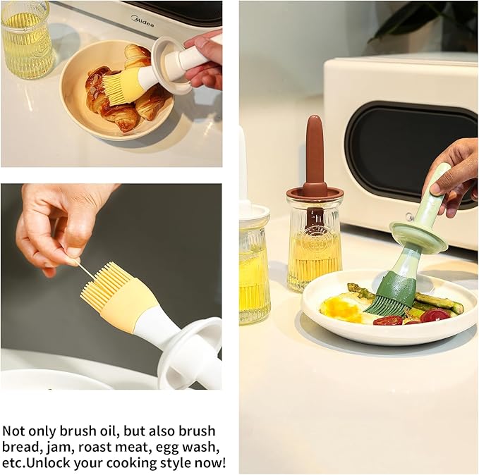Oil Dispenser with Brush - Glass Olive Oil Dispenser for Kitchen, 3 IN 1 Oil Brush for Cooking with Bottle Silicone Basting Vinegar Sauce BBQ Grill Frying (Brown/Green)