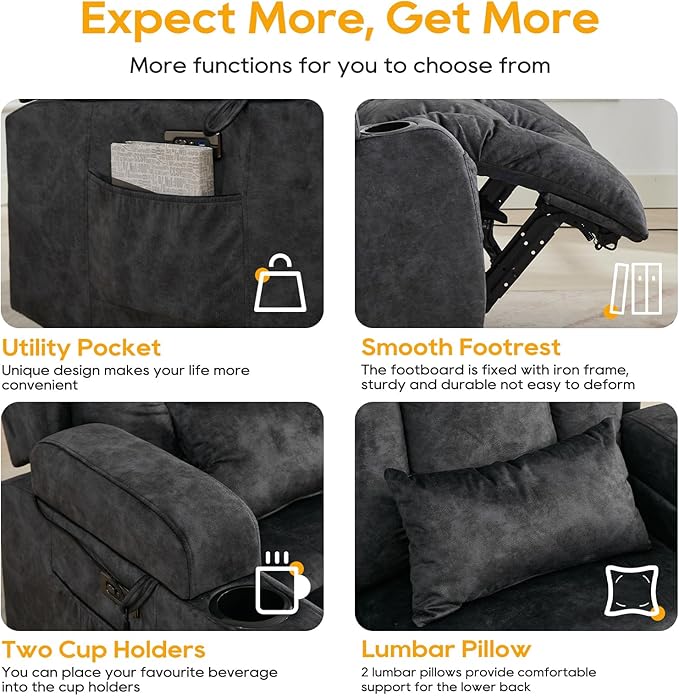 IPKIG 54" Power Loveseat Recliner Sofa, Electric Home Theater Seating with Massage Heat/4 Colors Ambient Lights/USB Port/Side Pocket/Cup Holder for Living Room, Bedroom, RV (Grey, 2 Seater)