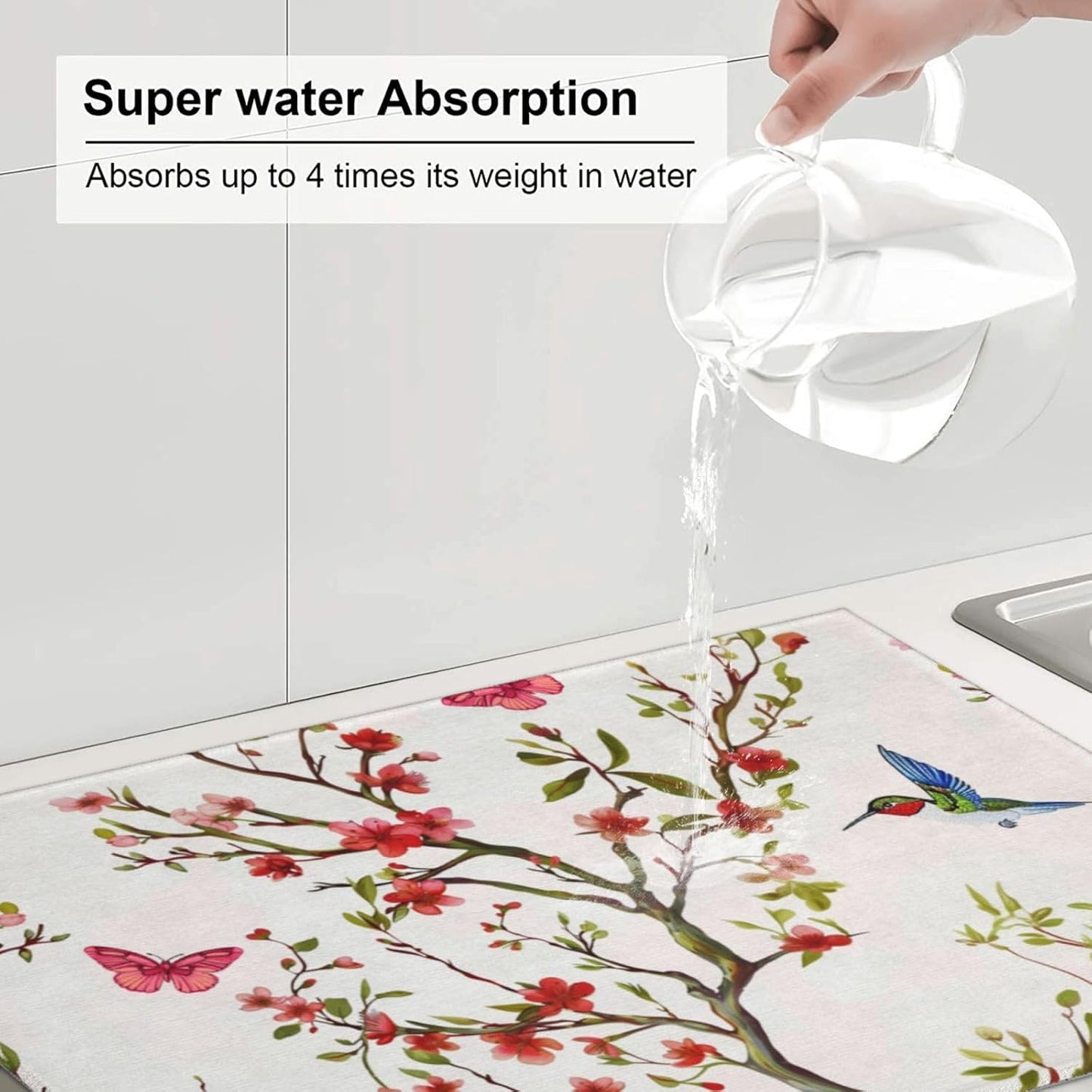 Hummingbird Butterfly Dish Drying Mat 18x24 For Kitchen Counter Absorbent Microfiber Dishes Pad Dish Drainer Rack Mats Fast Dry Kitchen Accessories