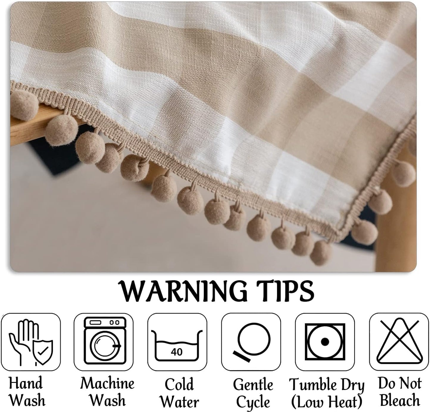 Jubilantex Farmhouse Pompom Checkered Rectangle Linen Tablecloth Buffalo Plaid Table Cover with Tassel for Kitchen Restaurant Home Decor, 60 x 120 inch Oblong Table Cover, Beige and White