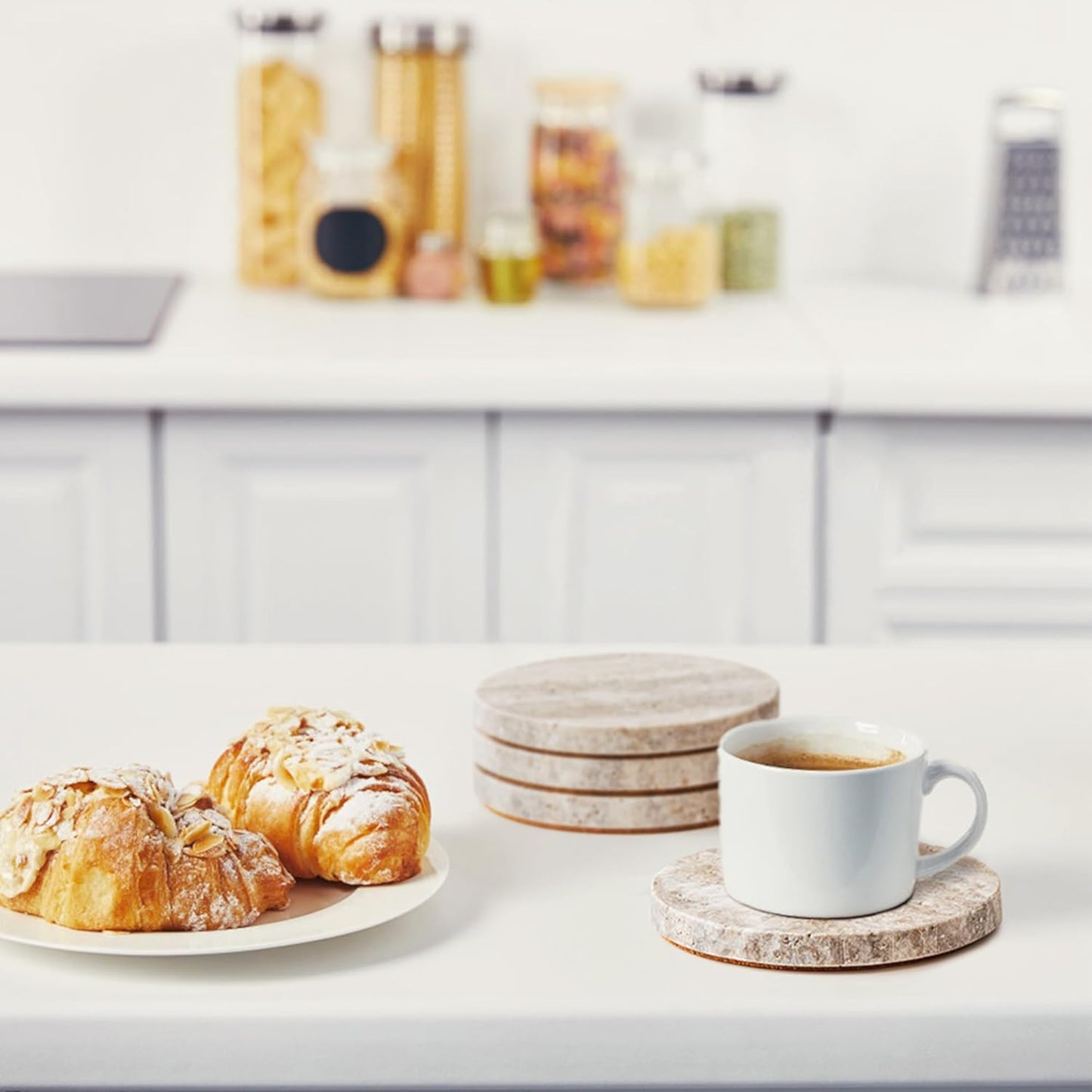 WORHE Marble Coaster for Drinks 4" Diameter Set of 4 Round Travertine Coasters for Home Decor Office Parties Birthday Housewarming Gift, Protect Countertops from Dirty,Sturdy and Tough Gray (WH056)