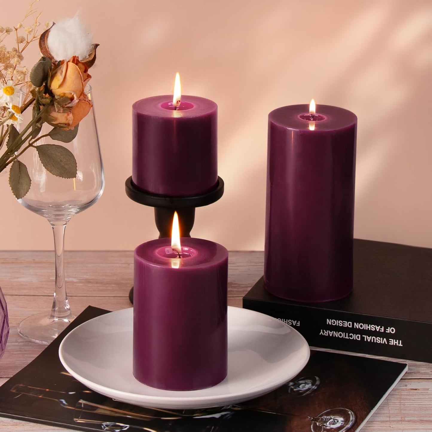 KONNI Purple Pillar Candles Set of 3, 3"x 4" Unscented Pillar Candles Bulk, 39 Hours Long Burning Candles, Smokeless&Dripless Large Round Candle for Wedding, Home Decoration, Parties, Spas, Dinner