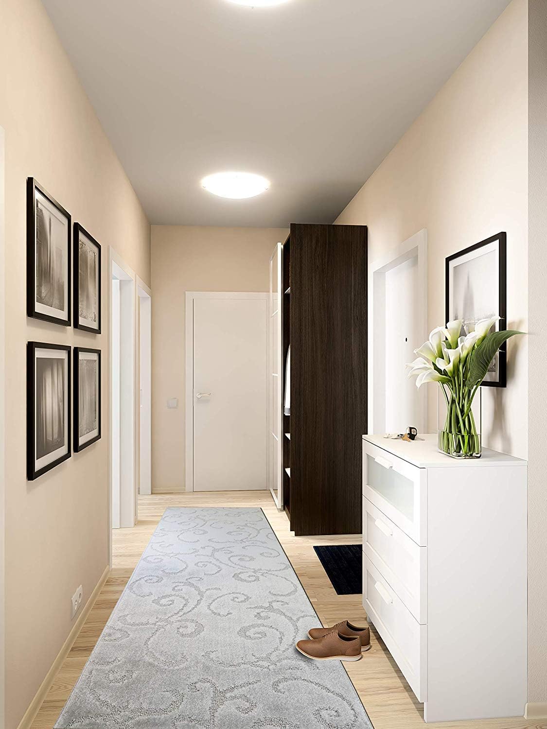 Custom Length Hallway Runner Rug,Slip Resistant,Scroll Light Silver, 26 Inch X 3 feet, Doormat, Sold and Priced Per Foot