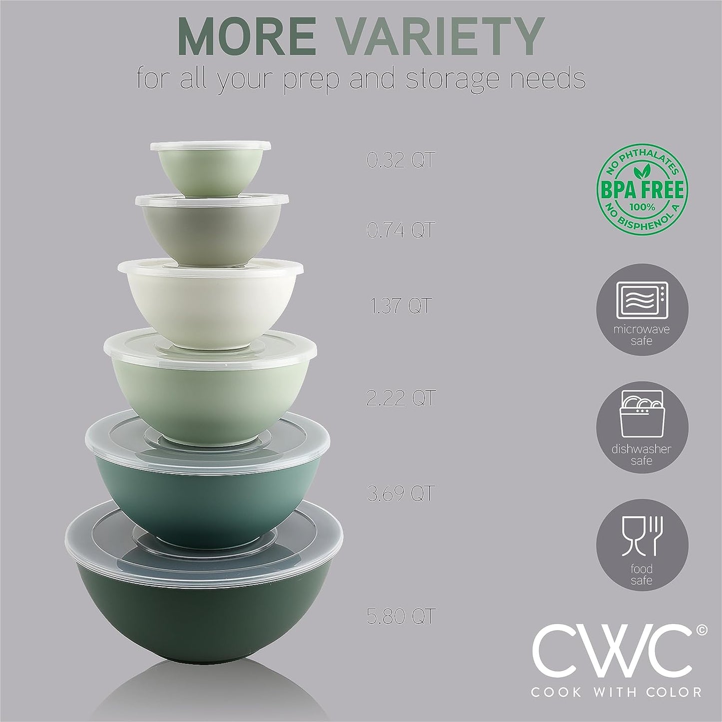 COOK WITH COLOR Mixing Bowls with Lids - 12 Piece Plastic Nesting Bowls Set includes 6 Prep Bowls and 6 Lids, Microwave Safe Mixing Bowl Set (Sage)