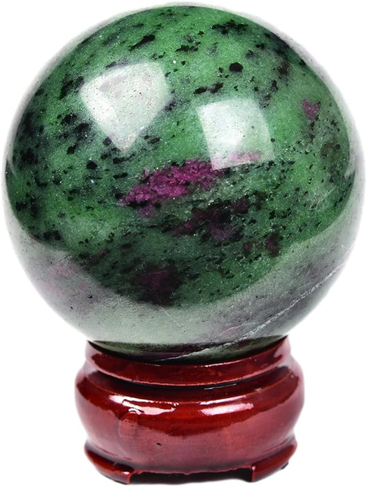 JIC Gem Natural Ruby Zoisite Quartz Crystal Sphere Balls with Wood Stand Red&Green Treasure Gemstone Decorative Orbs Reiki Energy Healing Crystal Ball (60-70mm)