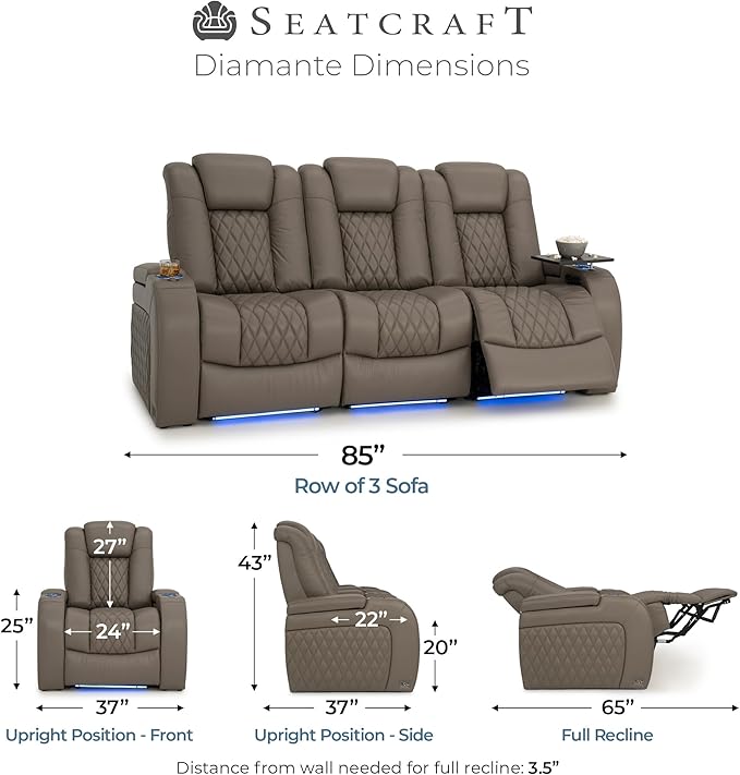 Seatcraft Diamante Zero-Gravity CoolZero Italian Leather Home Theater Seating, Power Headrest, Power Recline, Row of 3 Sofa, Gray