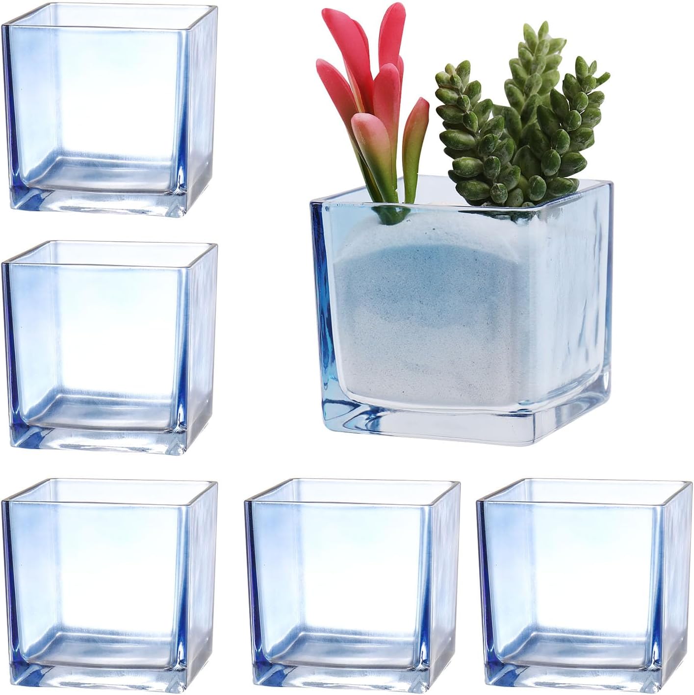 Square Vases Set of 6, 3"x 3"x 3" Glass Vases for Flowers, Square Flower Vase for Centerpieces, Small Blue Vase for Wedding, Party, Home Office Decoration