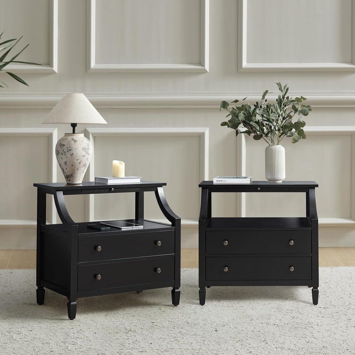 HULALA HOME Large Farmhouse Nightstand Set of 2 with Charging Station, Mid-Century Modern 2 Drawer Dresser, Bedside Table with Pull Out Shelf and Hidden Storage Space for Bedroom, Black