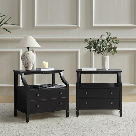 HULALA HOME Large Farmhouse Nightstand Set of 2 with Charging Station, Mid-Century Modern 2 Drawer Dresser, Bedside Table with Pull Out Shelf and Hidden Storage Space for Bedroom, Black