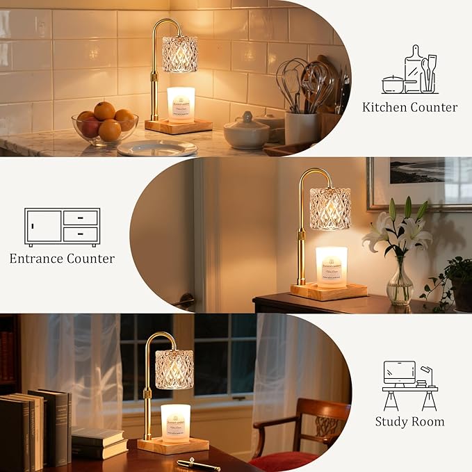 Hong-in Candle Warmer Lamp with Timer -Dimmable Adjustable Height Wax Melt Warmer for Jar Candles,Vintage Home Decor with Elegant Clear Glass,Birthday Gifts for Women, Mom, Friend, Sister