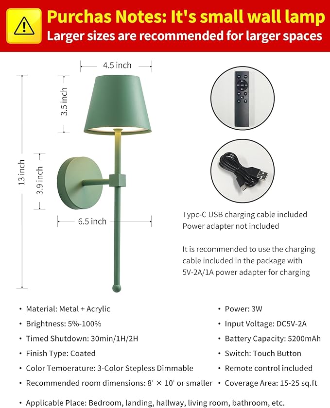KDG Cordless Wall Sconces Set of 2, Wireless 5200mAh Rechargeable Battery LED Wall Lamps, Wall Lightings for Wall Painting, Outdoor, Garden, Living Room, Bedside, Hallway, Gifts, Night Light (Green)